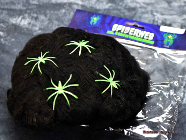 Hexenshop Dark Phönix Schwarzes Deko Dehnungs Spinnennetz 40g mit vier Glow in the Dark Spinnen