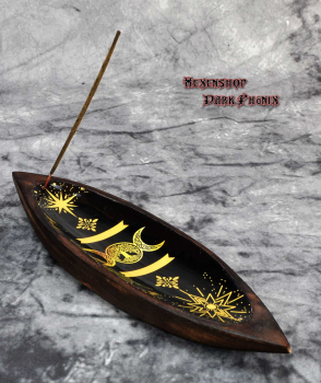 Hexenshop Dark Phönix Triple Moon Emaillierter Räucherstäbchenhalter Mangoholz