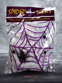 Hexenshop Dark Phönix Weißes Großes Deko Dehnungs Spinnennetz mit vier schwarzen Spinnen