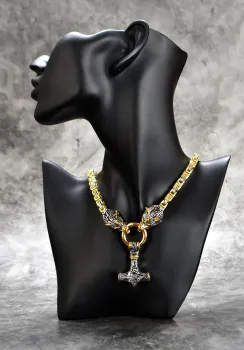 Preview: Hexenshop Dark Phönix Thorhammer Wölfe Anhänger mit Halskette Massiv Edelstahl