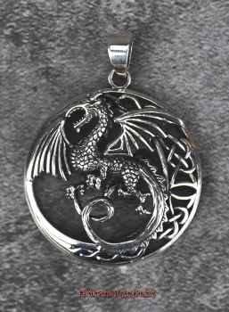 Hexenshop Dark Phönix Monddrache auf keltischer Knoten Sichel mit Herzen 925er Silber Anhänger