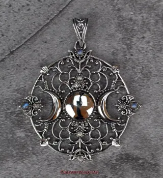 Hexenshop Dark Phönix Mondphase Triplemoon Regenbogenmondstein Anhänger 925er Silber