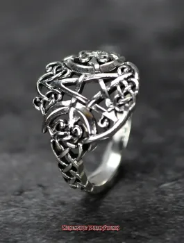 Hexenshop Dark Phönix Pentagramm mit zwei Mondsicheln Silberring 925er