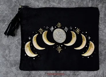 Hexenshop Dark Phönix Schwarzer Samtbeutel mit Reißverschluss und bestickten Mondphasen