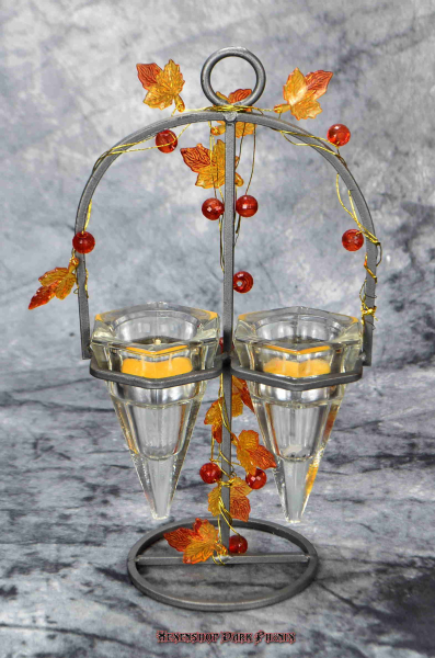Hexenshop Dark Phönix Vintage Silberfarbener Metallbogen Doppelter sechseckigen spitzen Glasteelichhalter mit Herbstranke