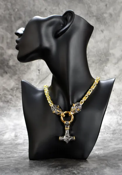 Hexenshop Dark Phönix Thorhammer Wölfe Anhänger mit Halskette Massiv Edelstahl