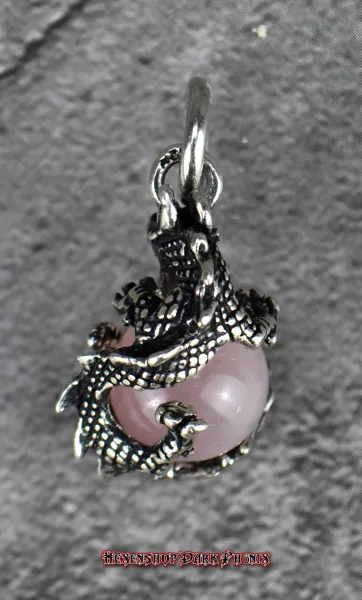 Hexenshop Dark Phönix Drache mit drehbarer Rosenquarz Kugel 925er Silber Anhänger