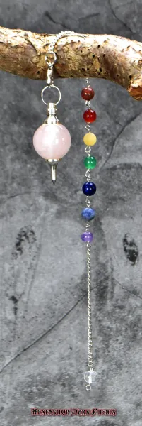 Hexenshop Dark Phönix Kugel Rosenquarz Pendel mit Chakrakette