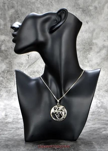 Hexenshop Dark Phönix Monddrache auf keltischer Knoten Sichel mit Herzen 925er Silber Anhänger