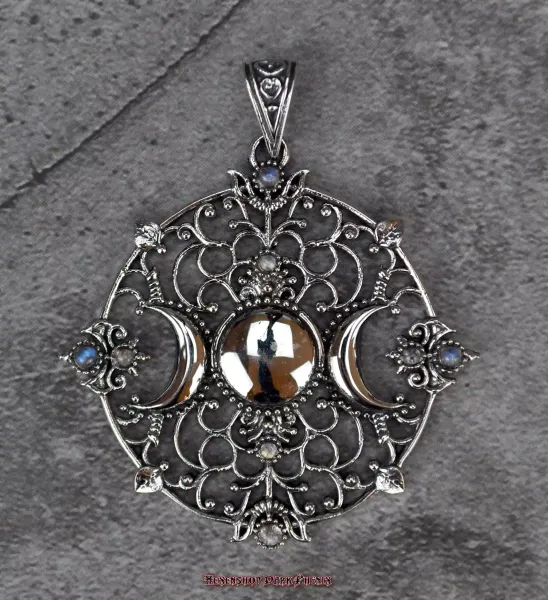 Hexenshop Dark Phönix Mondphase Triplemoon Regenbogenmondstein Anhänger 925er Silber
