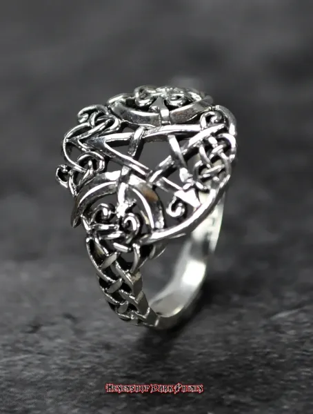 Hexenshop Dark Phönix Pentagramm mit zwei Mondsicheln Silberring 925er