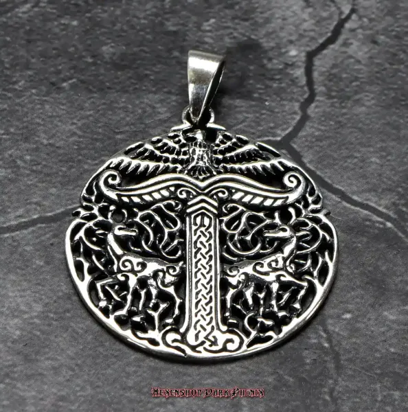 Hexenshop Dark Phönix Runder Irminsul mit Hirschen und Adler Anhänger 925er Silber