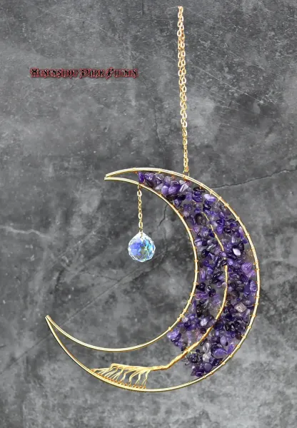 Hexenshop Dark Phönix Suncatcher Amethyst Lebensbaum im Kupfer Halbmond