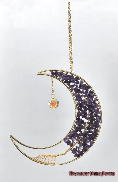 Hexenshop Dark Phönix Suncatcher Amethyst Lebensbaum im Kupfer Halbmond