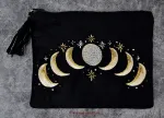 Hexenshop Dark Phönix Schwarzer Samtbeutel mit Reißverschluss und bestickten Mondphasen